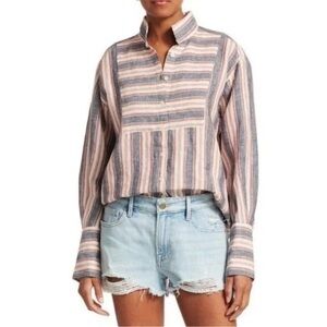 Frame Striped Bib Linen Button-Down Shirt